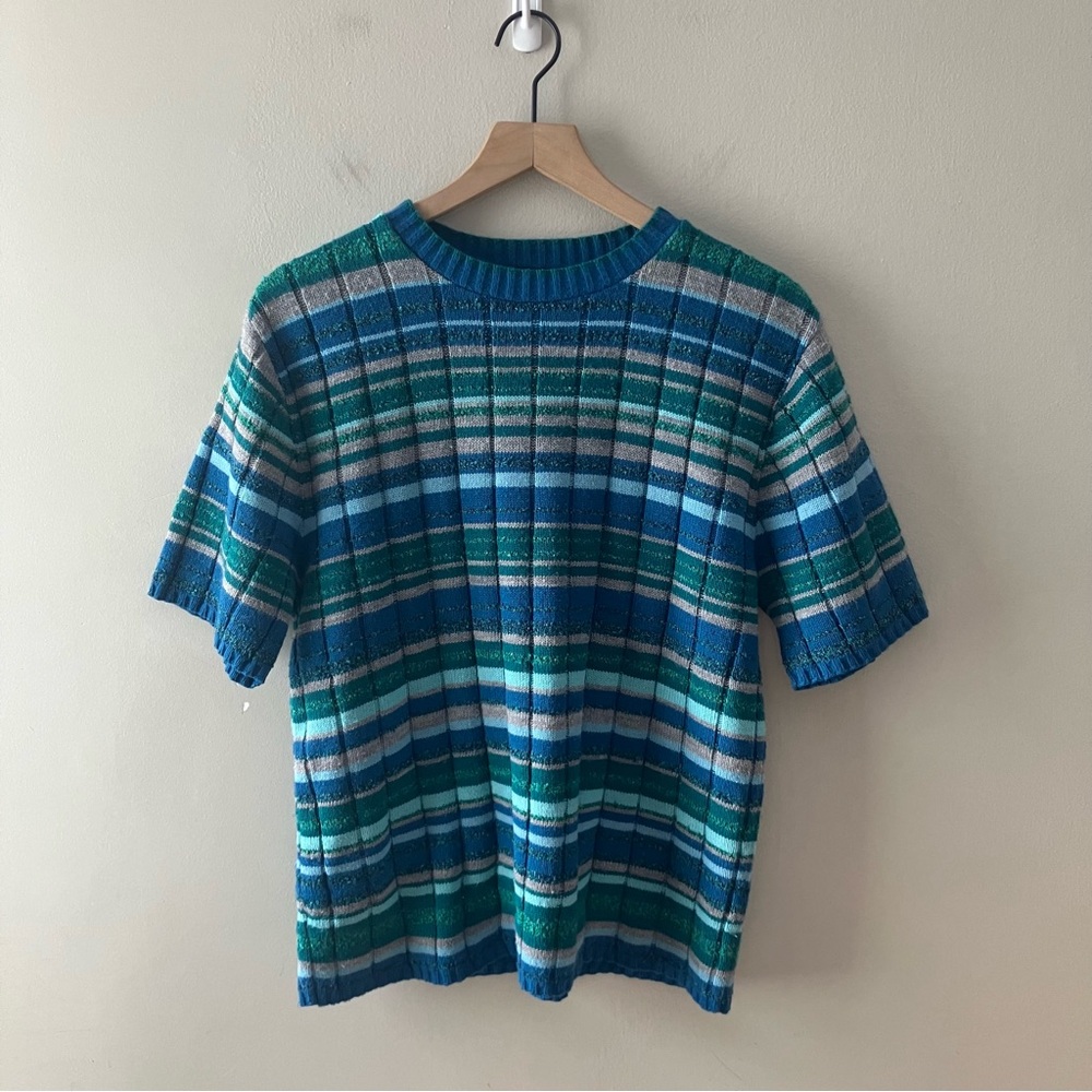 VINTAGE Striped Ribbed Short Sleeve Crewneck Sweater